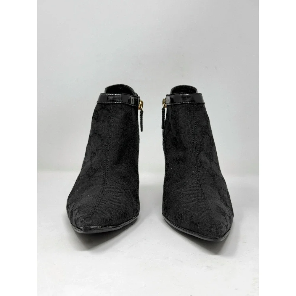 Vintage Gucci GG Monogram Pointed Toe Ankle Boots Heels Black Gold 6B